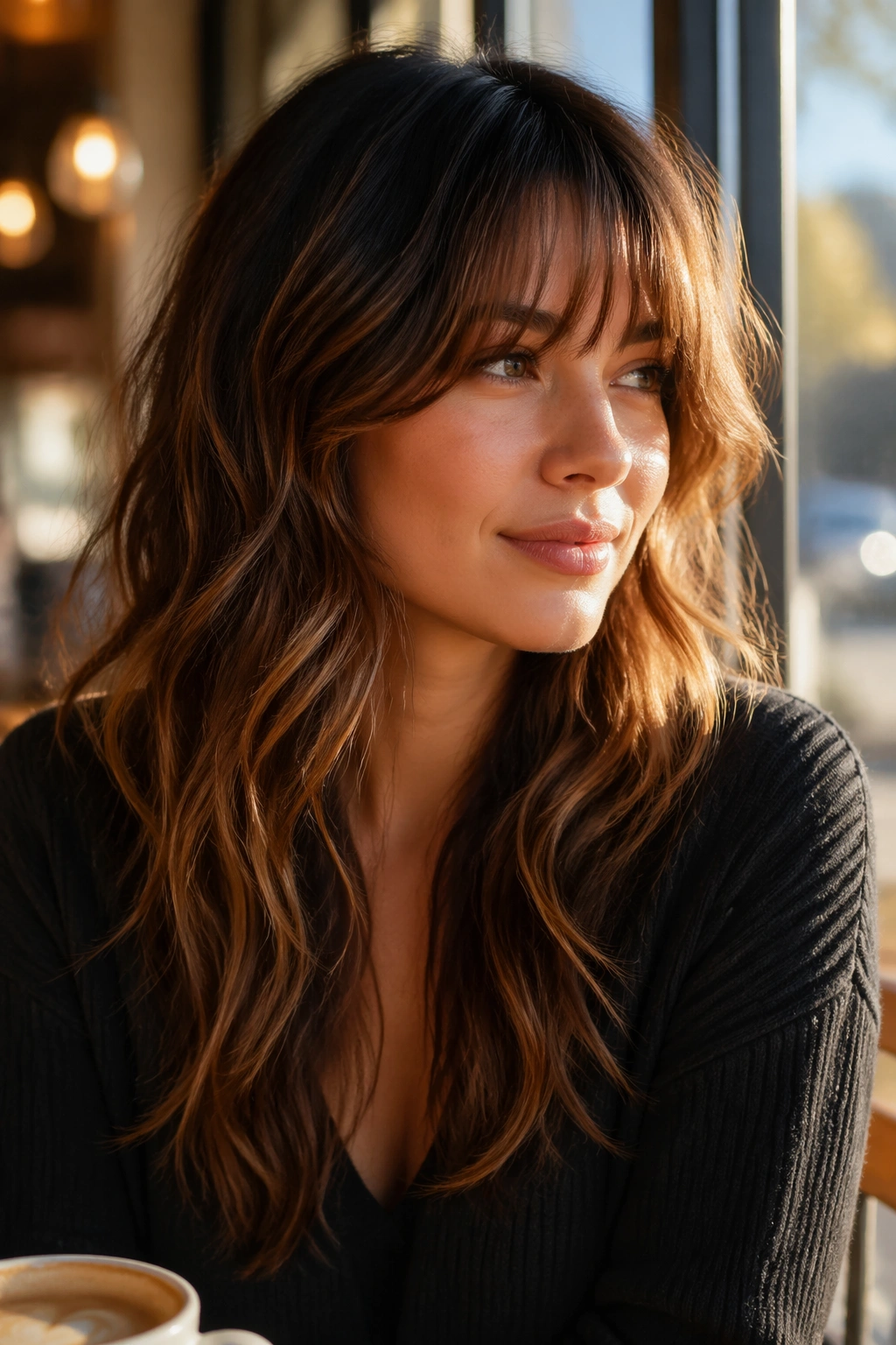 Close-up portrait of a real woman with peekaboo bangs tucked under layered waves