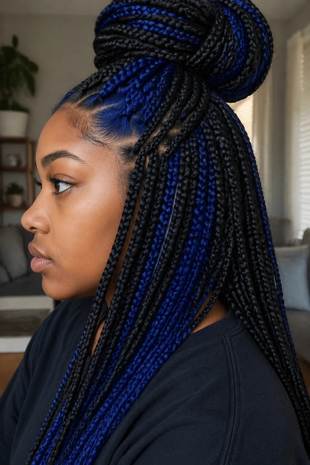 Peekaboo blue box braids reveal blue under dark outer layer on a real person.