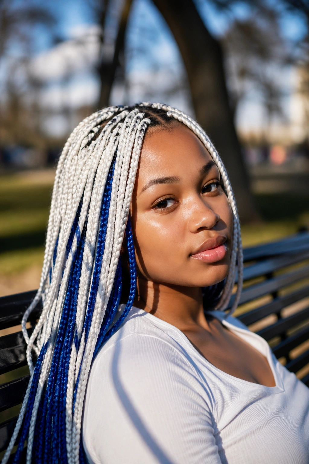 Real woman with white-on-top blue-under box braids showing peekaboo contrast