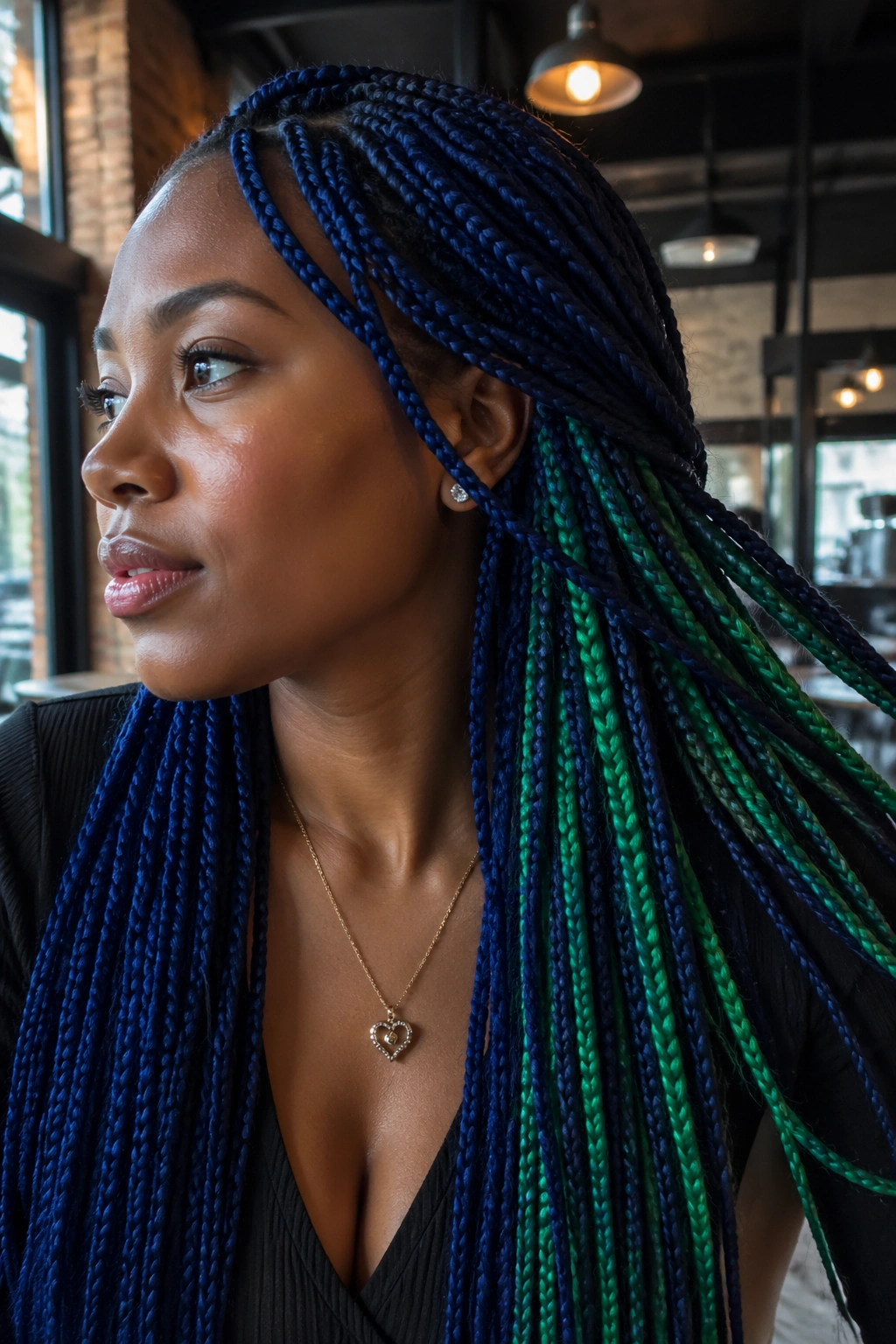 Portrait of a real person with dark blue outer braids and green underlayers peeking through