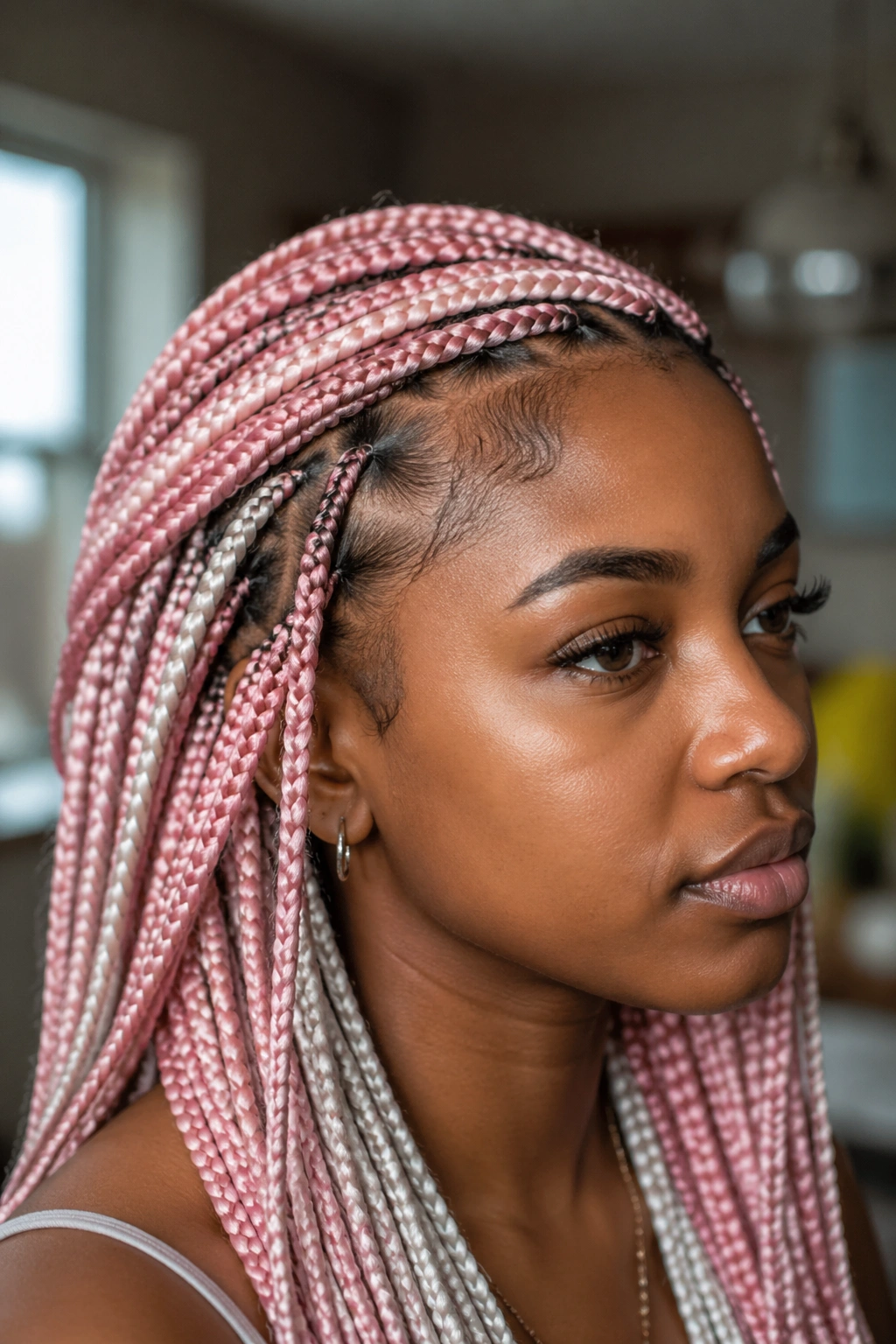 Portrait of a real woman wearing peekaboo pink and white braids with an underlayer showing.