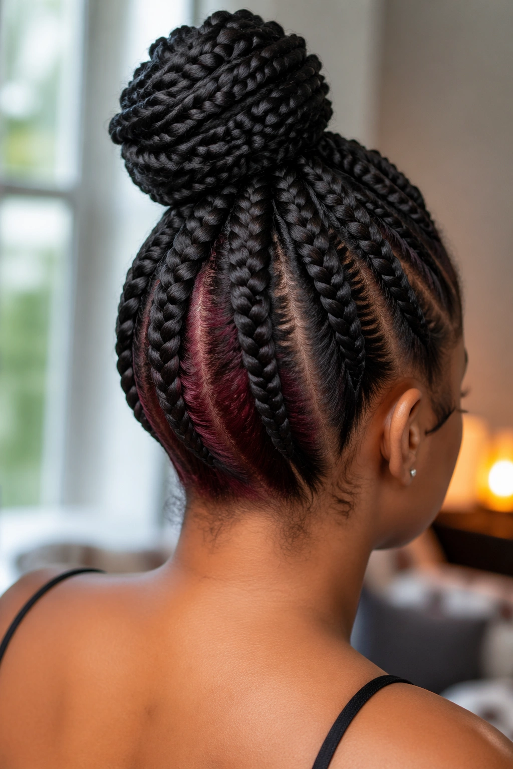 Rear view showing burgundy peekaboo color beneath the bun under four cornrows.