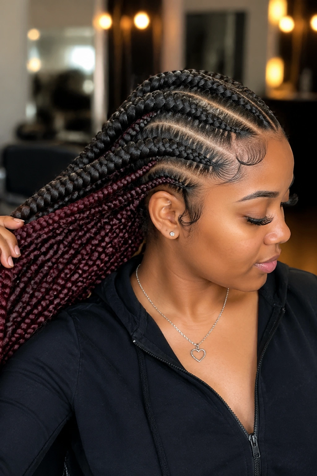 Close-up of cornrows with peekaboo color under the top layer