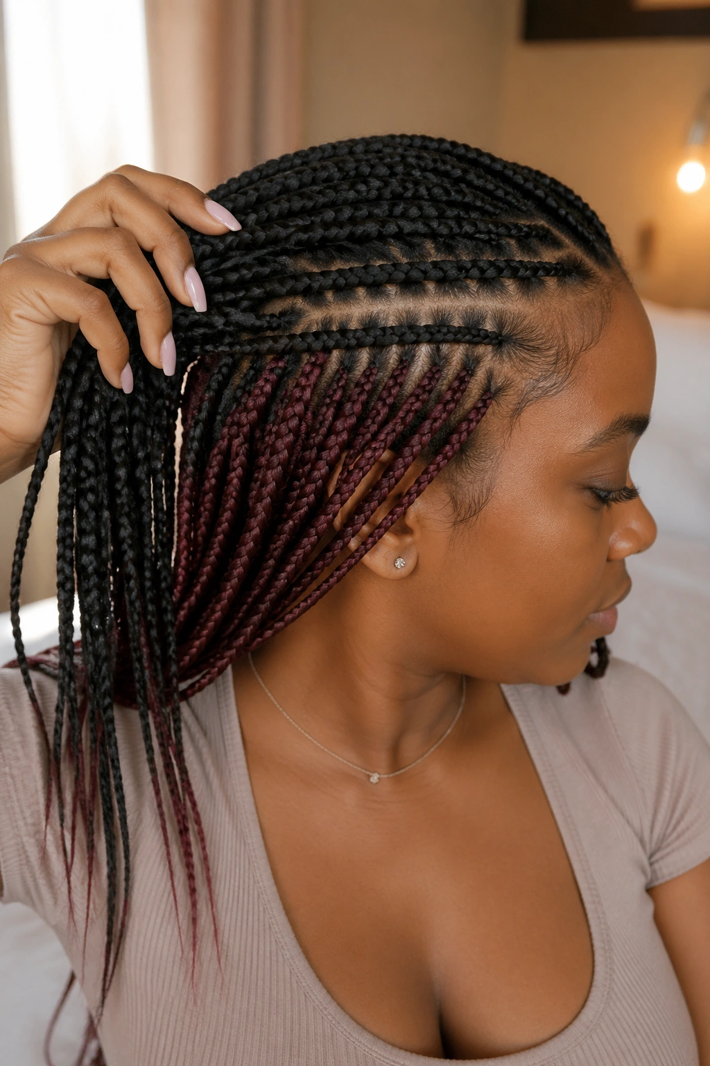 Close-up portrait showing a peekaboo hair part with top layer flat and bottom underlayer peeking.