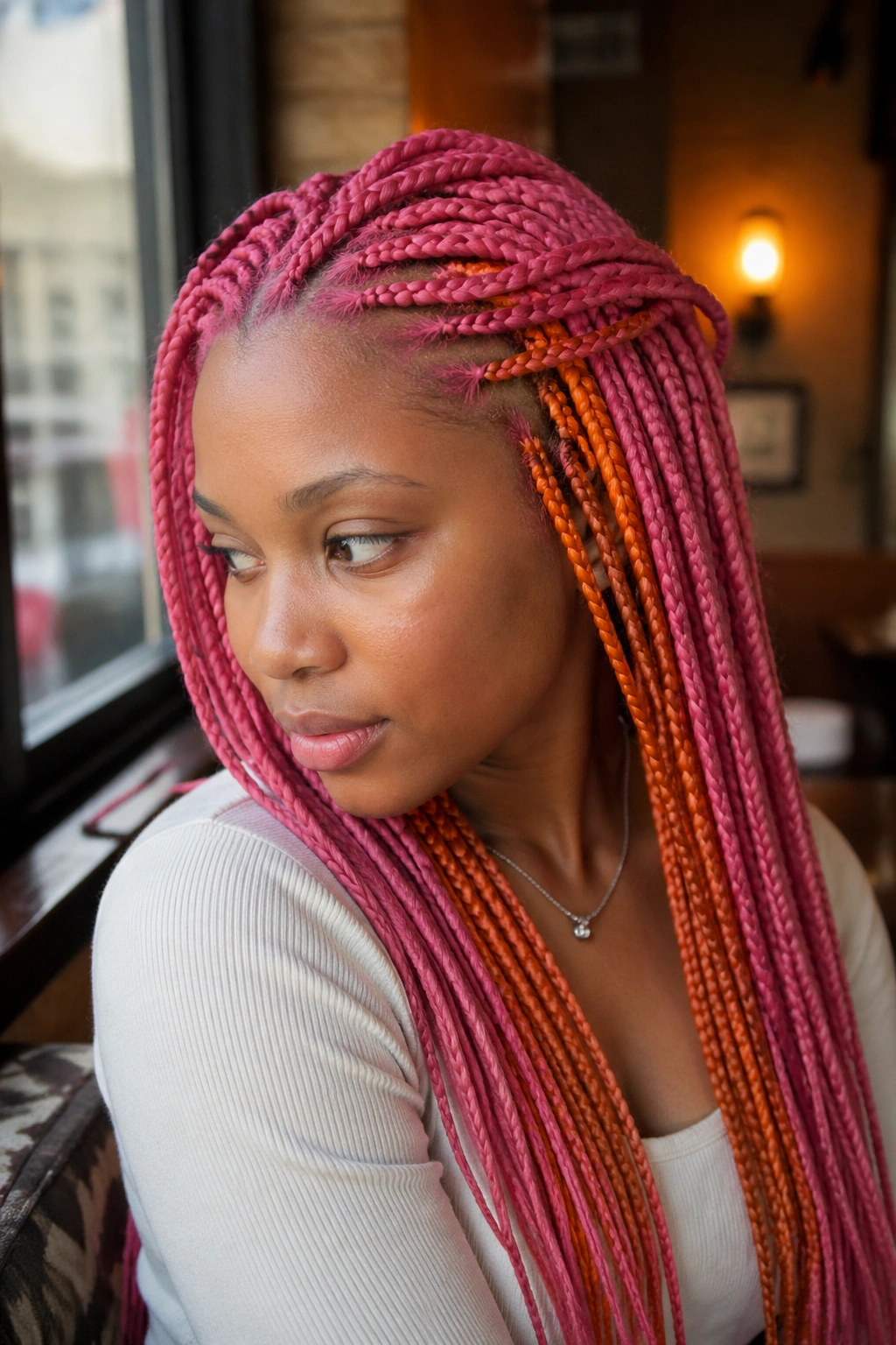 Close-up of pink outer braids with orange peekaboo under pink around crown on a real person