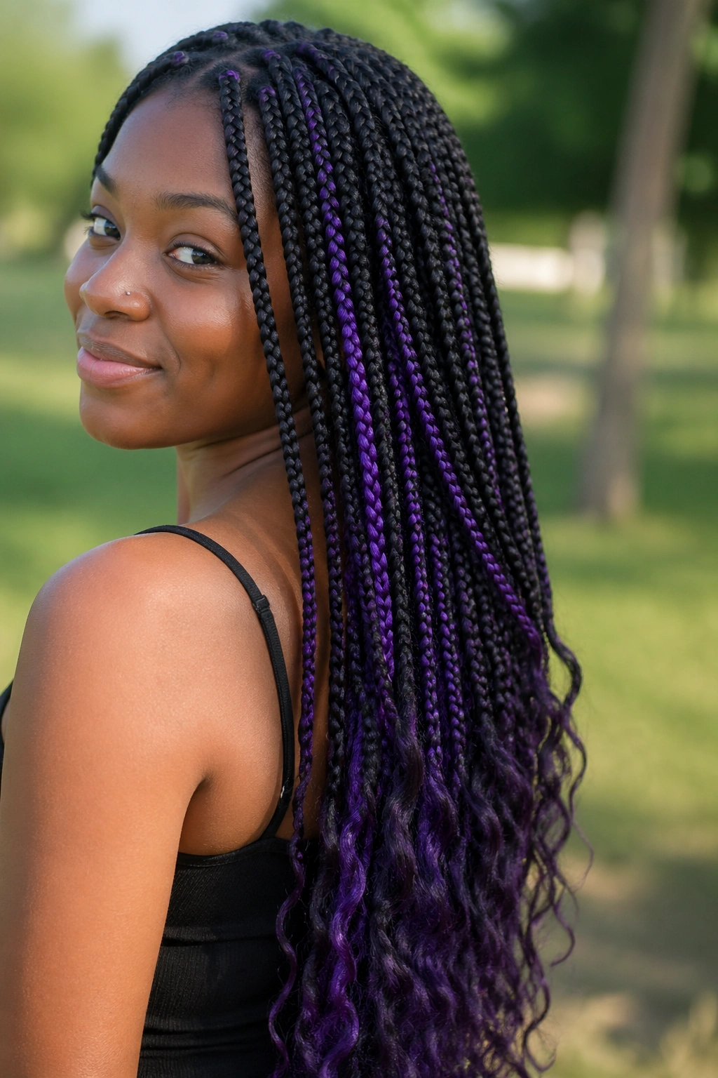 Close-up of peekaboo purple box braids on black base on a real person outdoors
