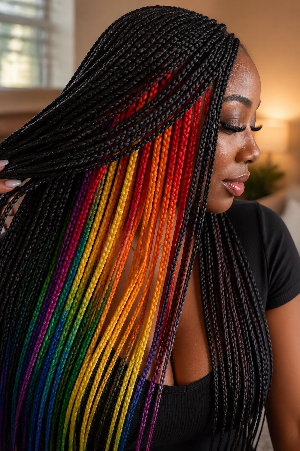 Close-up of a real person showing peekaboo rainbow braids with darker top layer and bright underlayer