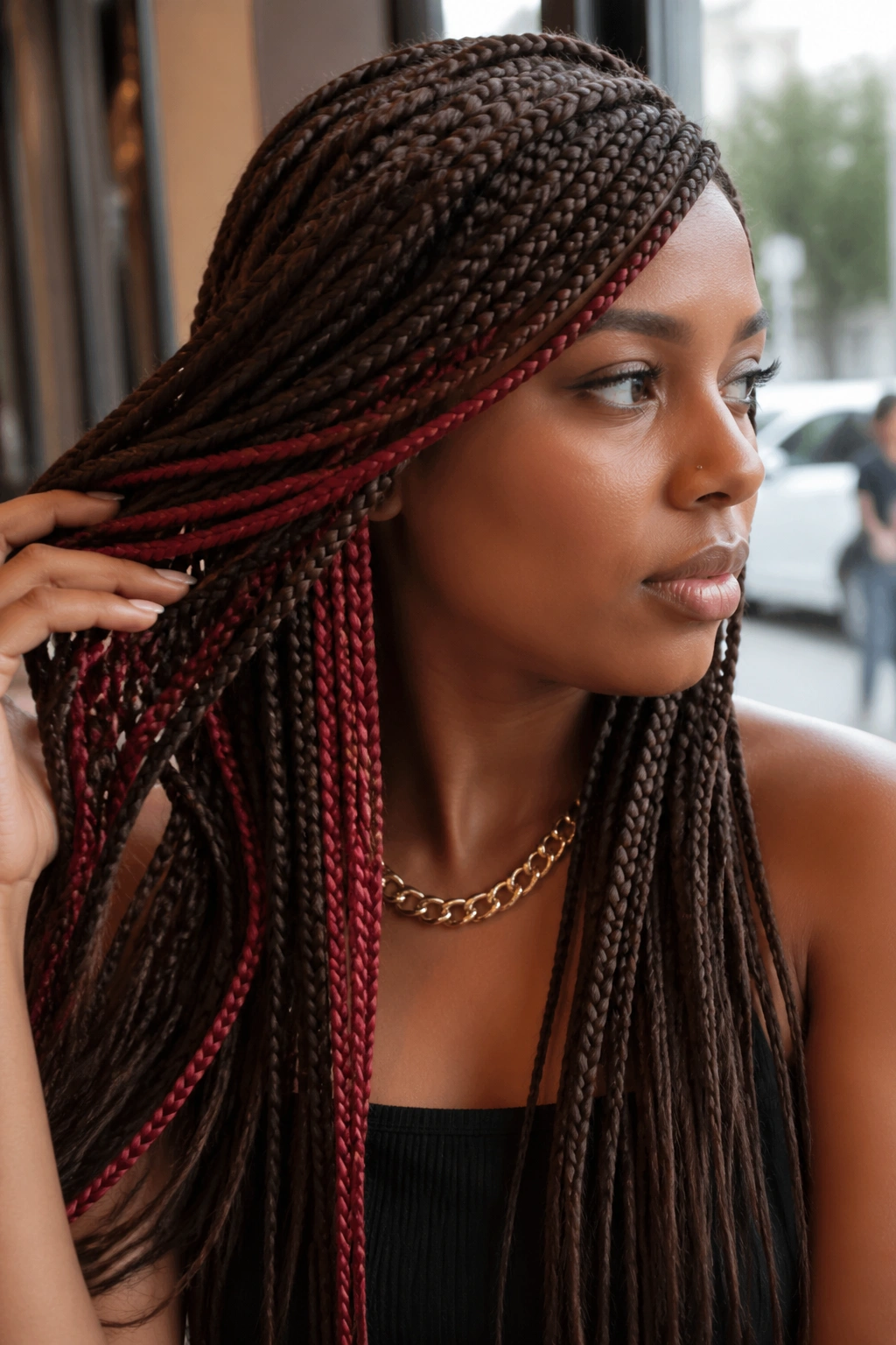 Peekaboo red braids under deep brown layers on a real person