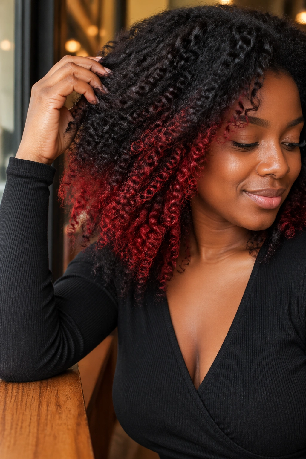 Portrait of real woman showing red peekaboo pieces under top layer