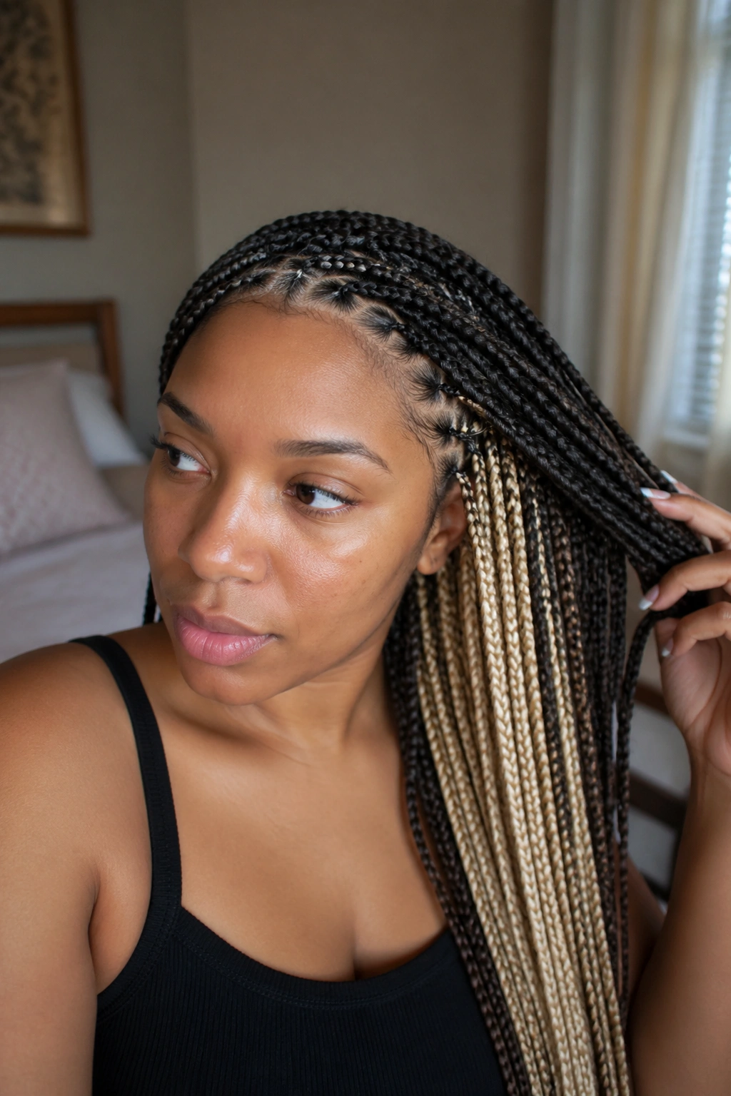 Close-up of a real woman with Peekaboo Blonde Underlayer Braids showing a blonde underlayer beneath a dark brown top layer