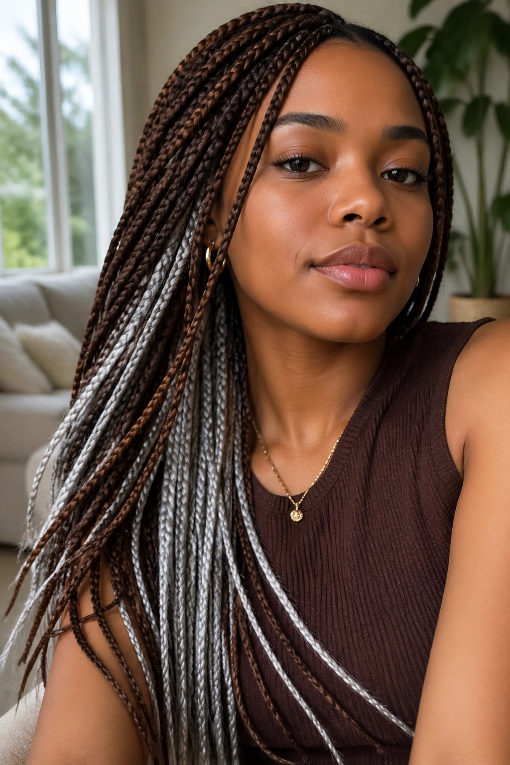 Close-up portrait of a real woman with peekaboo white underlayers in brown box braids