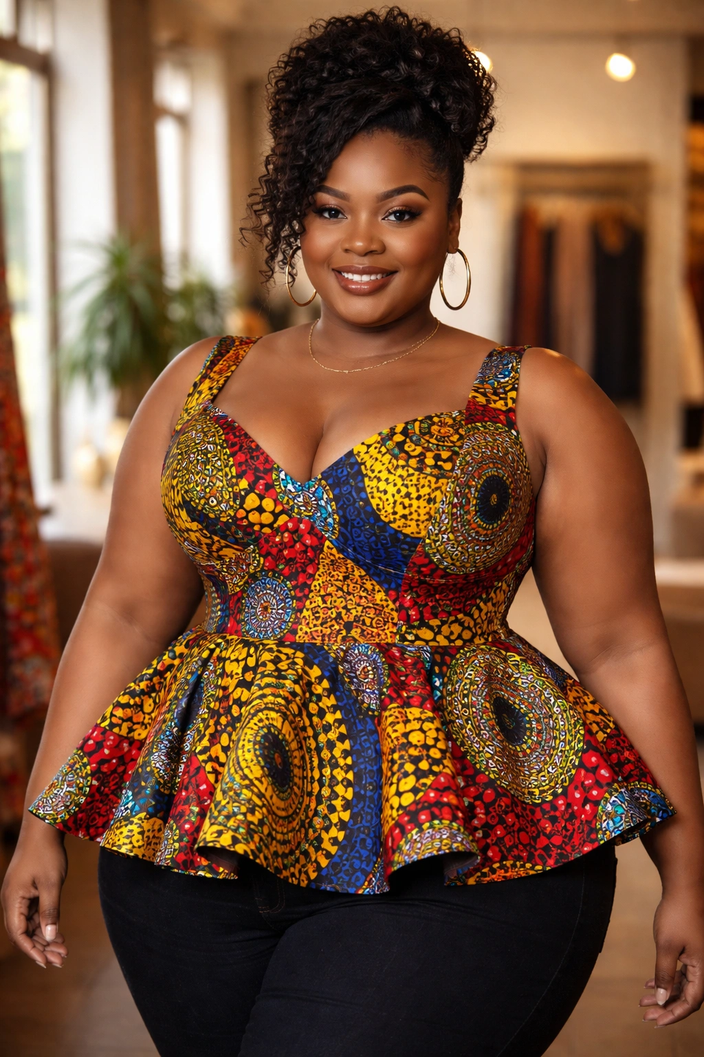 Close-up portrait of plus-size woman in peplum Ankara top