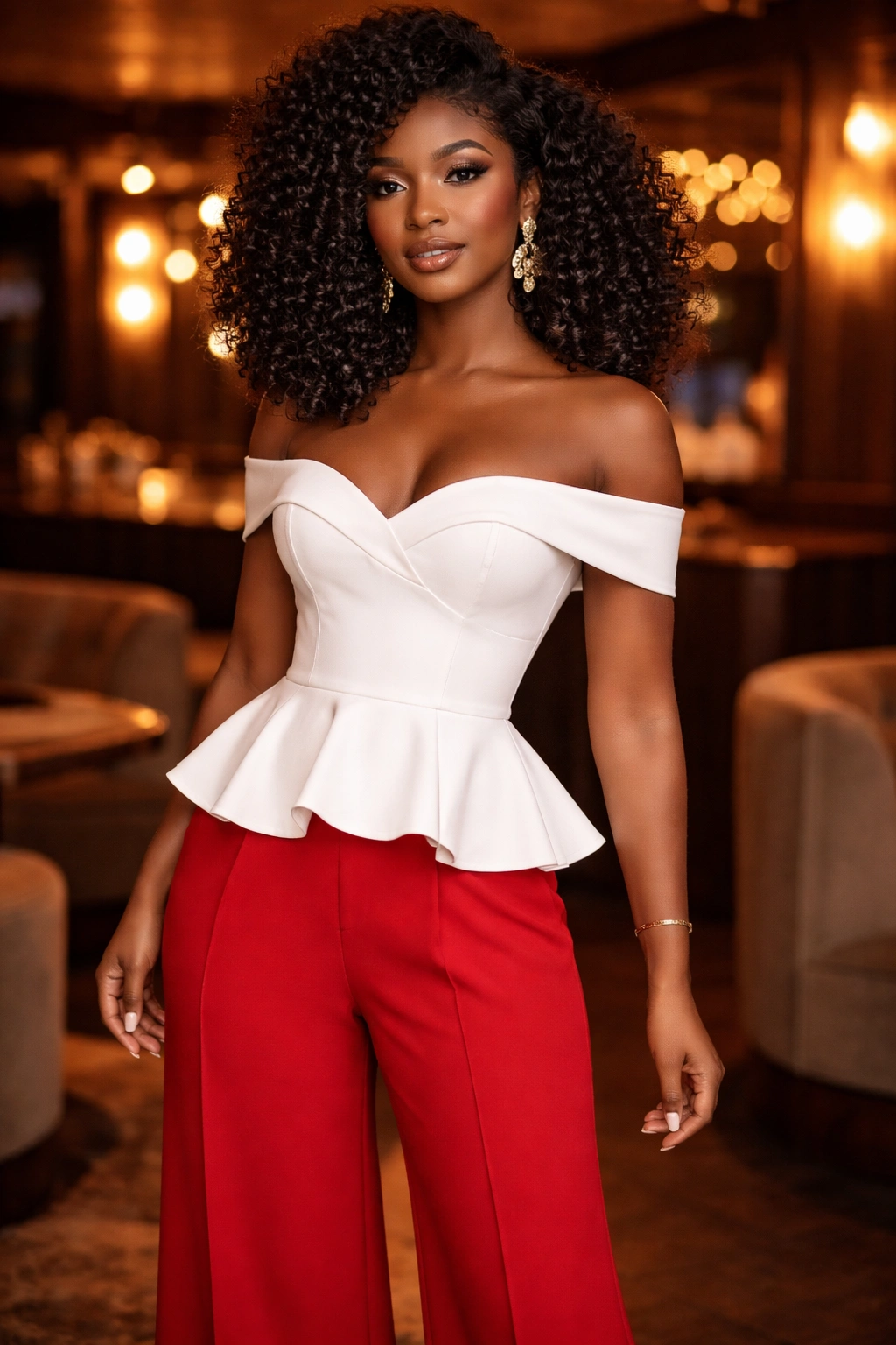 Waist-up portrait of a real woman in an off-shoulder peplum top with high-waisted wide-leg pants at a warm lounge.
