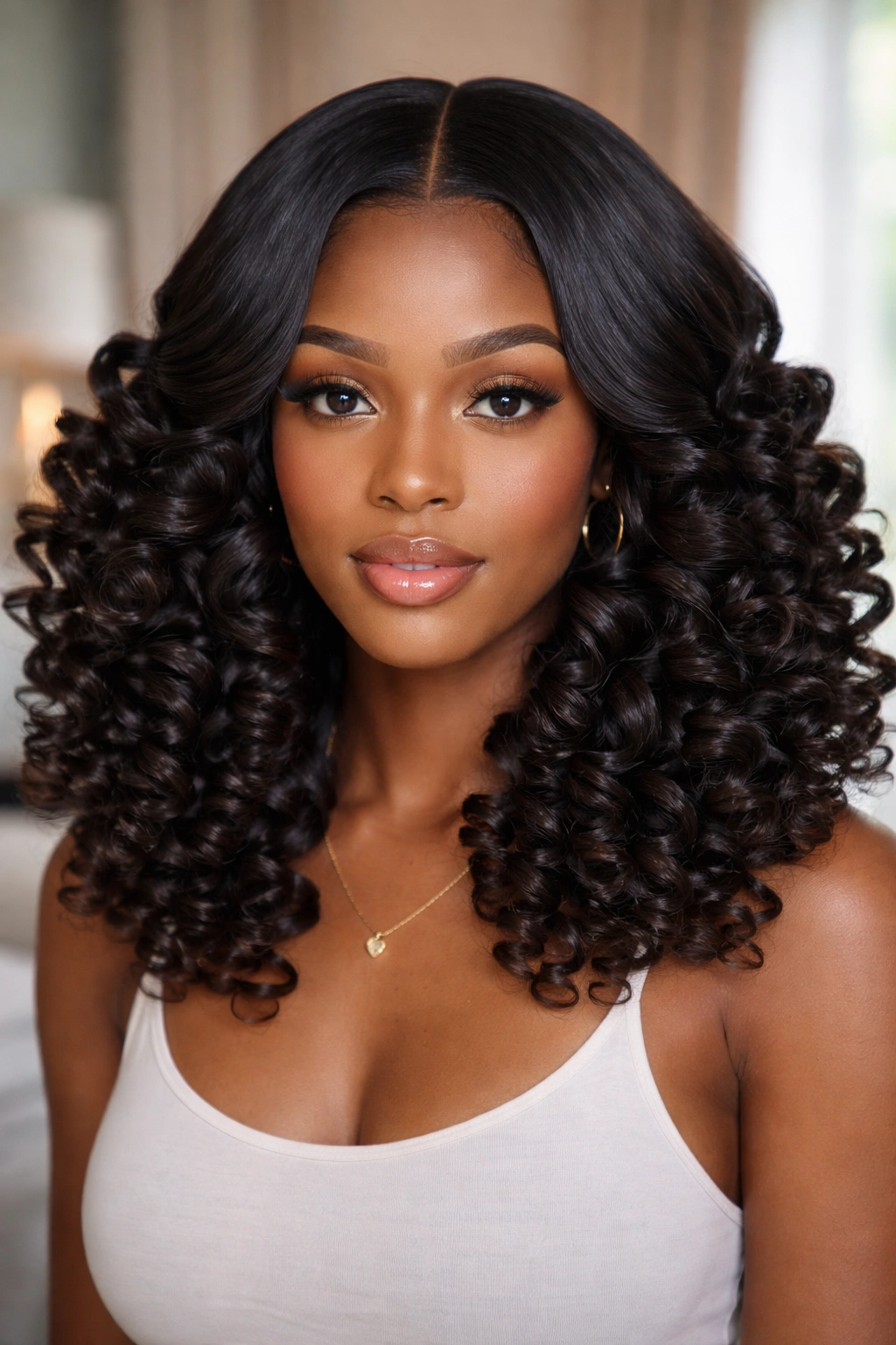 Close-up of a real woman with perm rod curls and silk-pressed hair