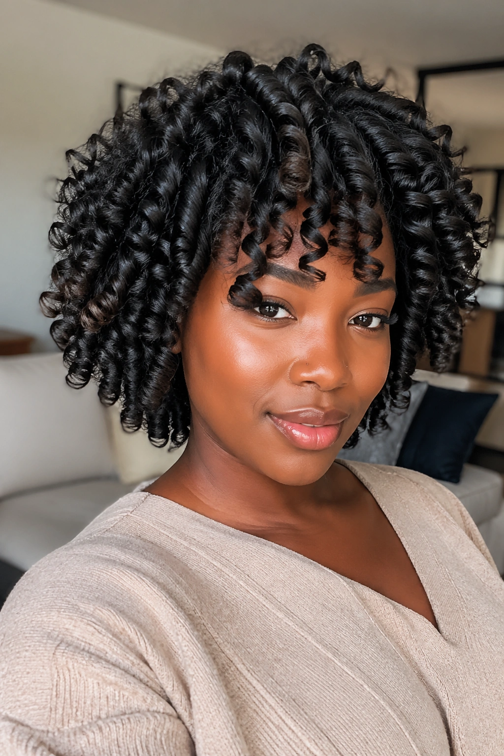 Close-up of a real Black woman with perm rod spiral curls