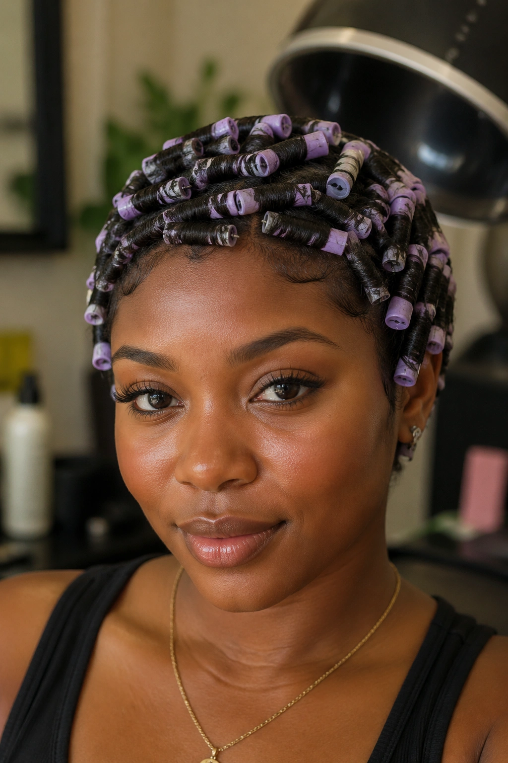 Close-up of a real woman with perm-rod defined Jerry Curl coils on short natural hair.