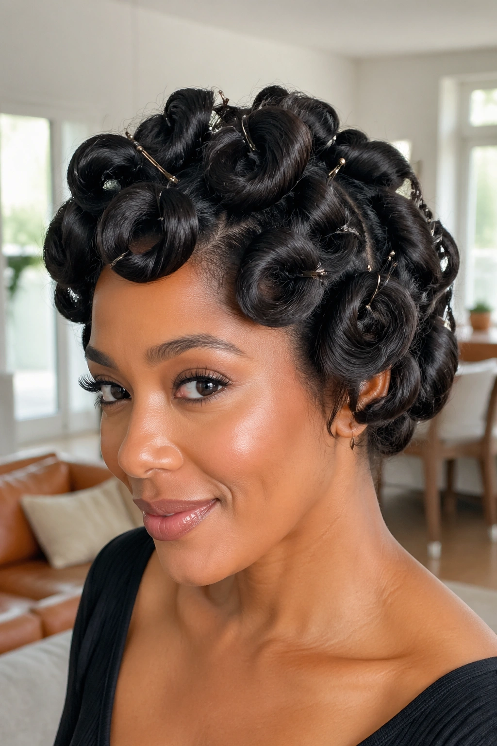 Close-up of a real person with pin curls produced after perm rod-out.