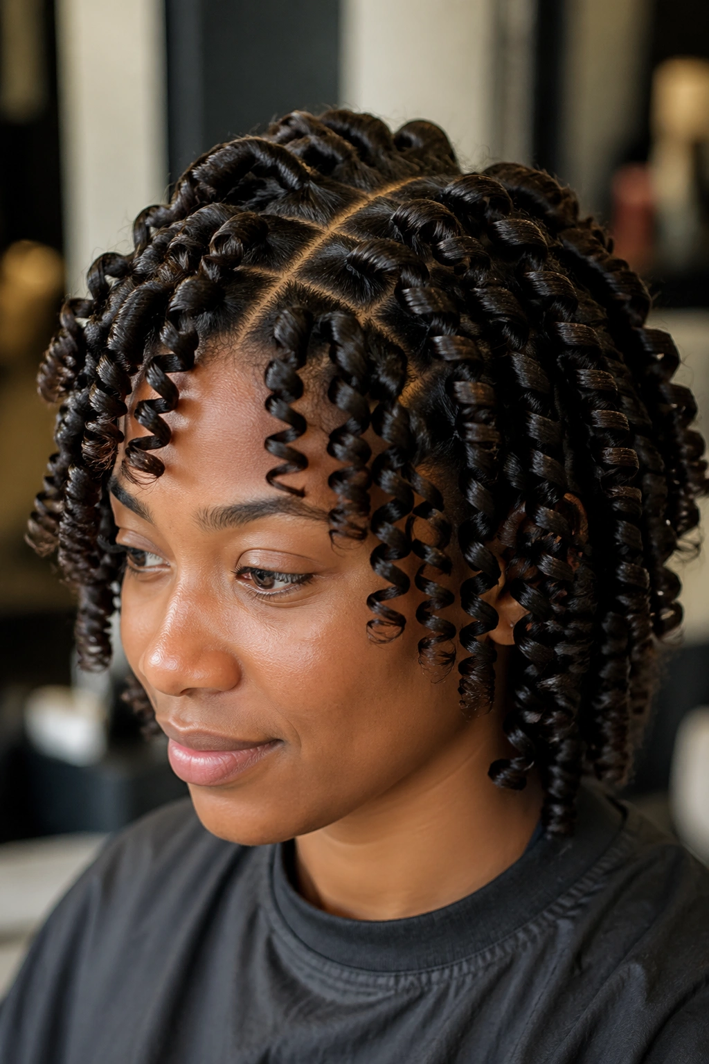 Close-up portrait of a real woman with tight uniform spiral ringlets from perm rods.