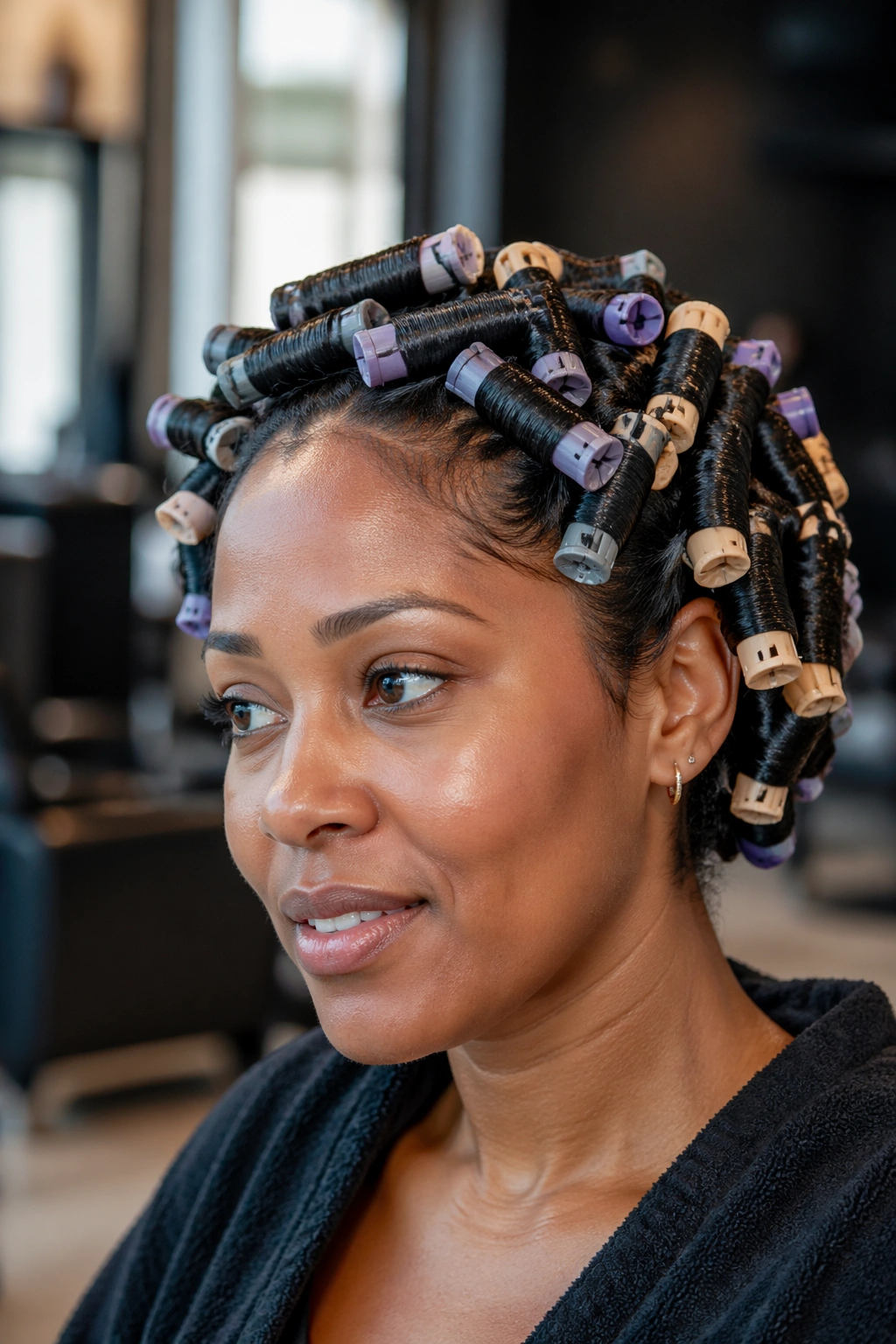 Close-up of a real woman's head with a perm rod set and tight curls in a salon.