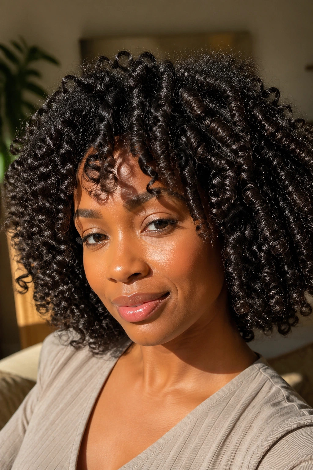 Real woman with fluffy halo curls after perm rod takedown