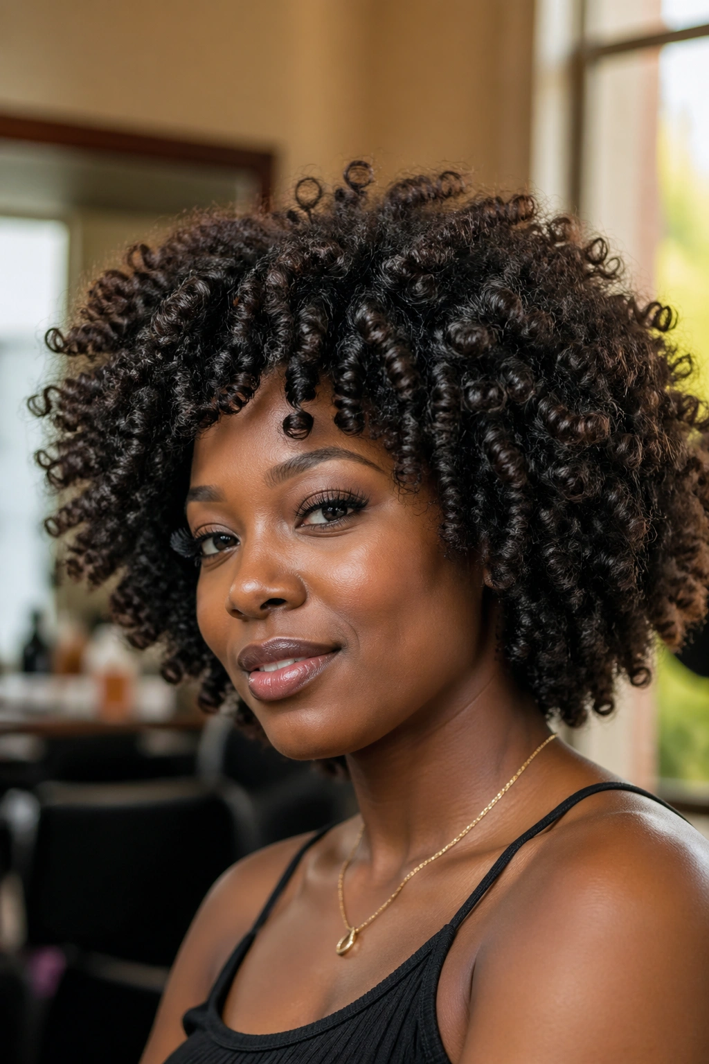 Close-up of a real woman with defined perm-rod crochet curls in an afro