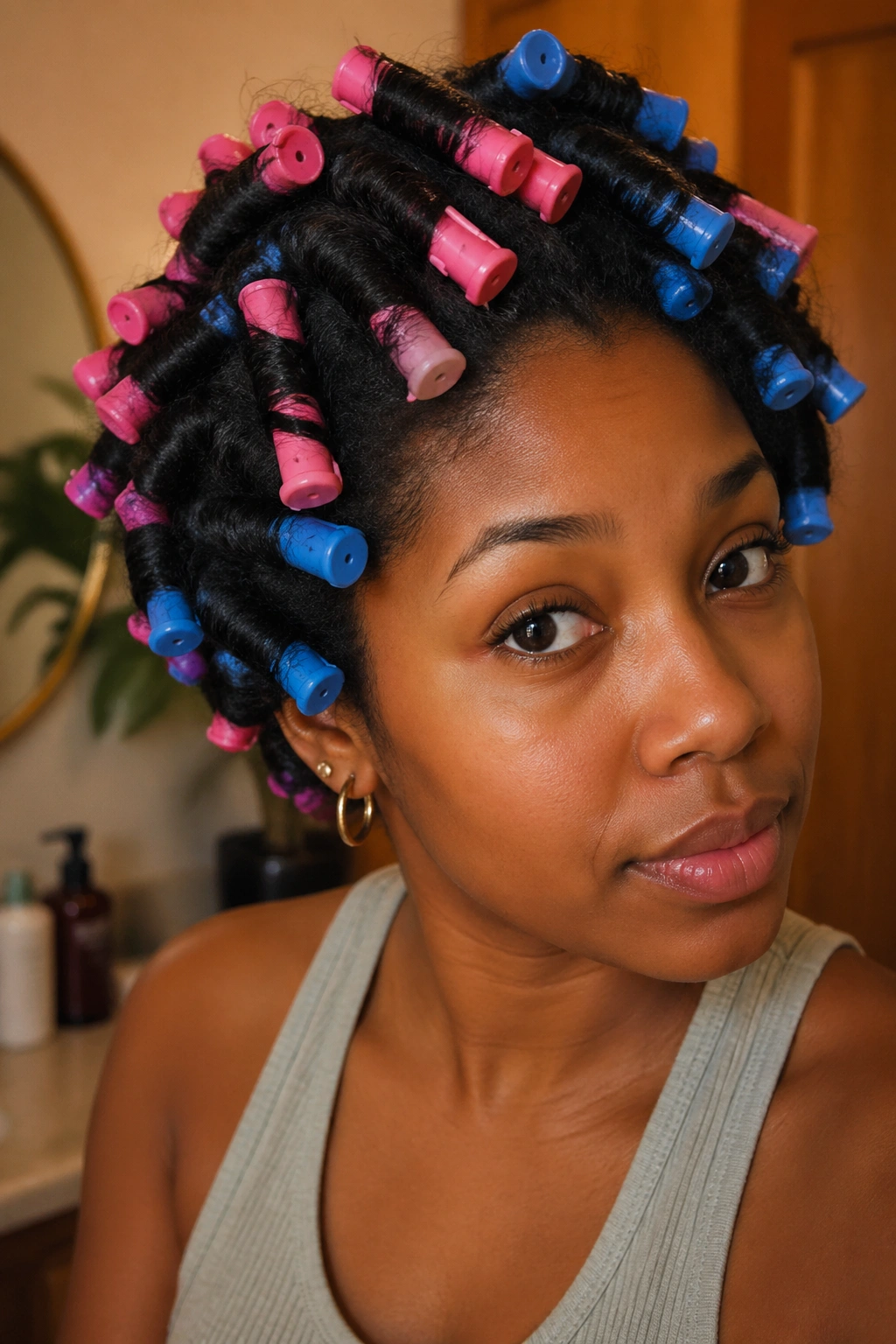 Close-up portrait of a real person with perm rods in hair