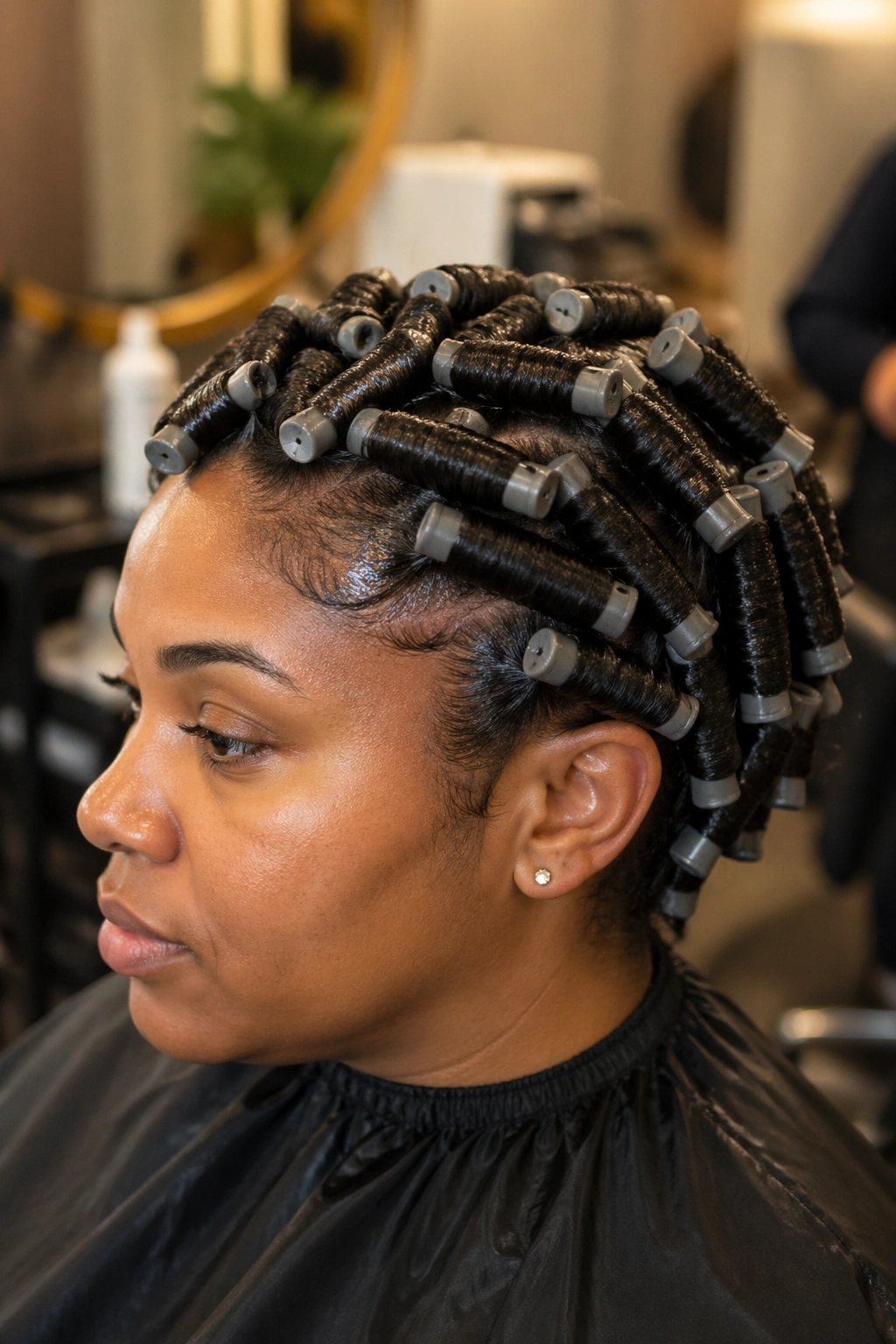 Real person with a rod set in progress under warm salon lighting