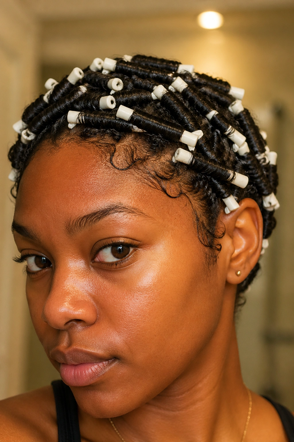 Close-up of a real person with overnight perm rod set on damp hair.