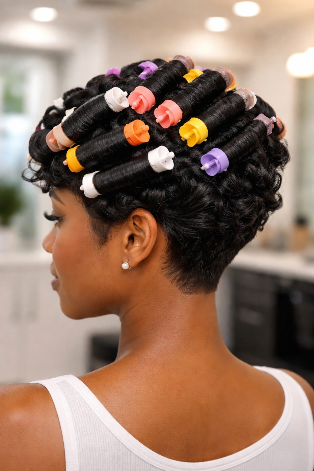 Close-up of short hair with perm rods visible, set for defined curls.