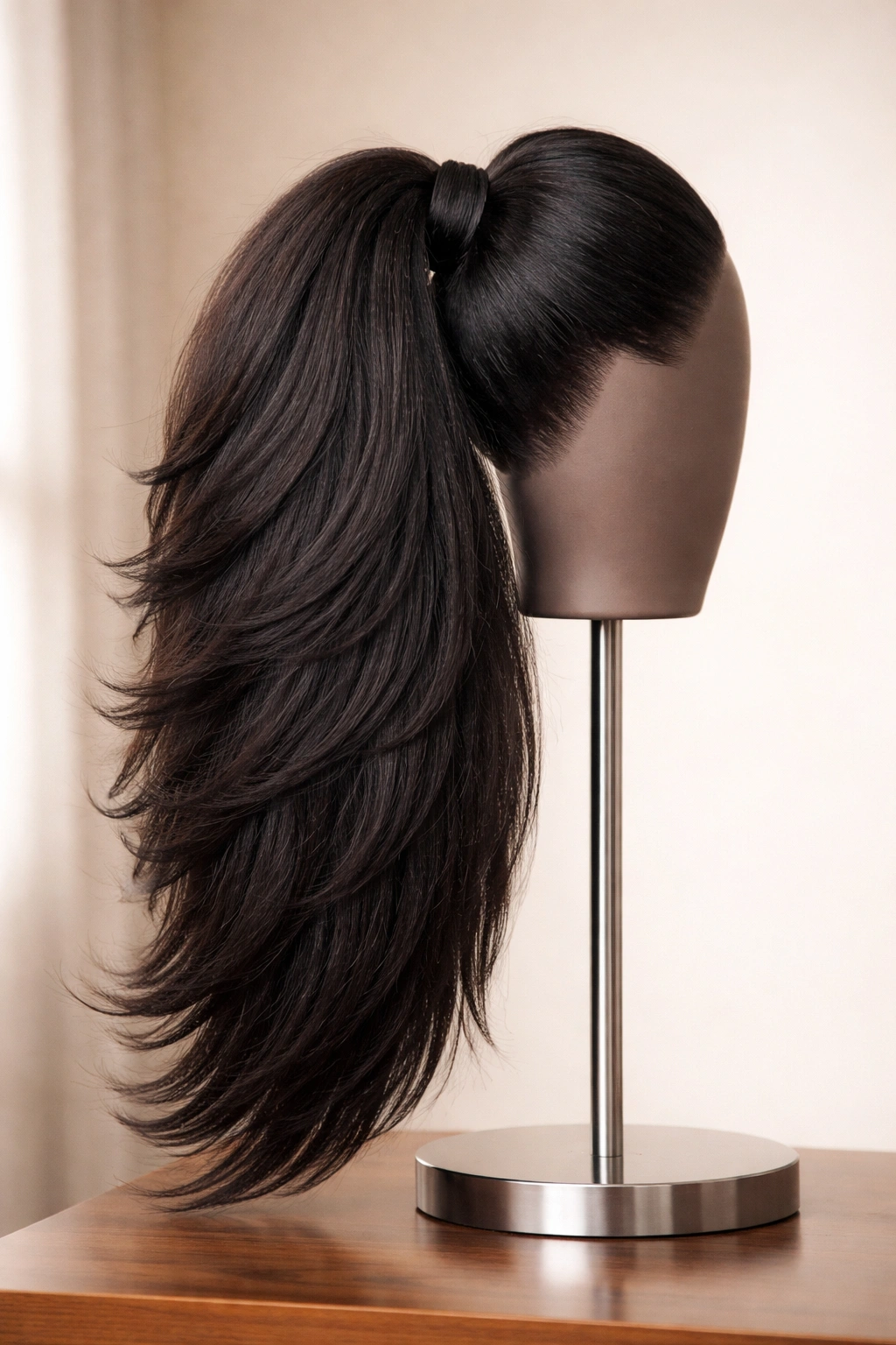 Ponytail extension with perm texture and razor-cut layers
