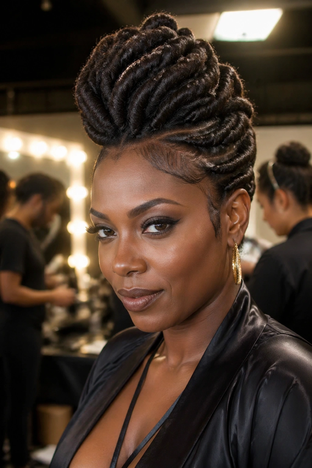 Real person with a dramatic faux hawk of perm twists, center ridge tall and sides pinned