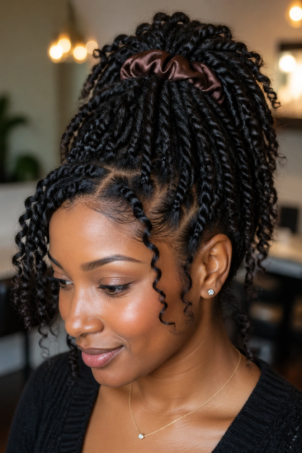 Close-up portrait of a real woman with updo of perm twists gathered at the crown