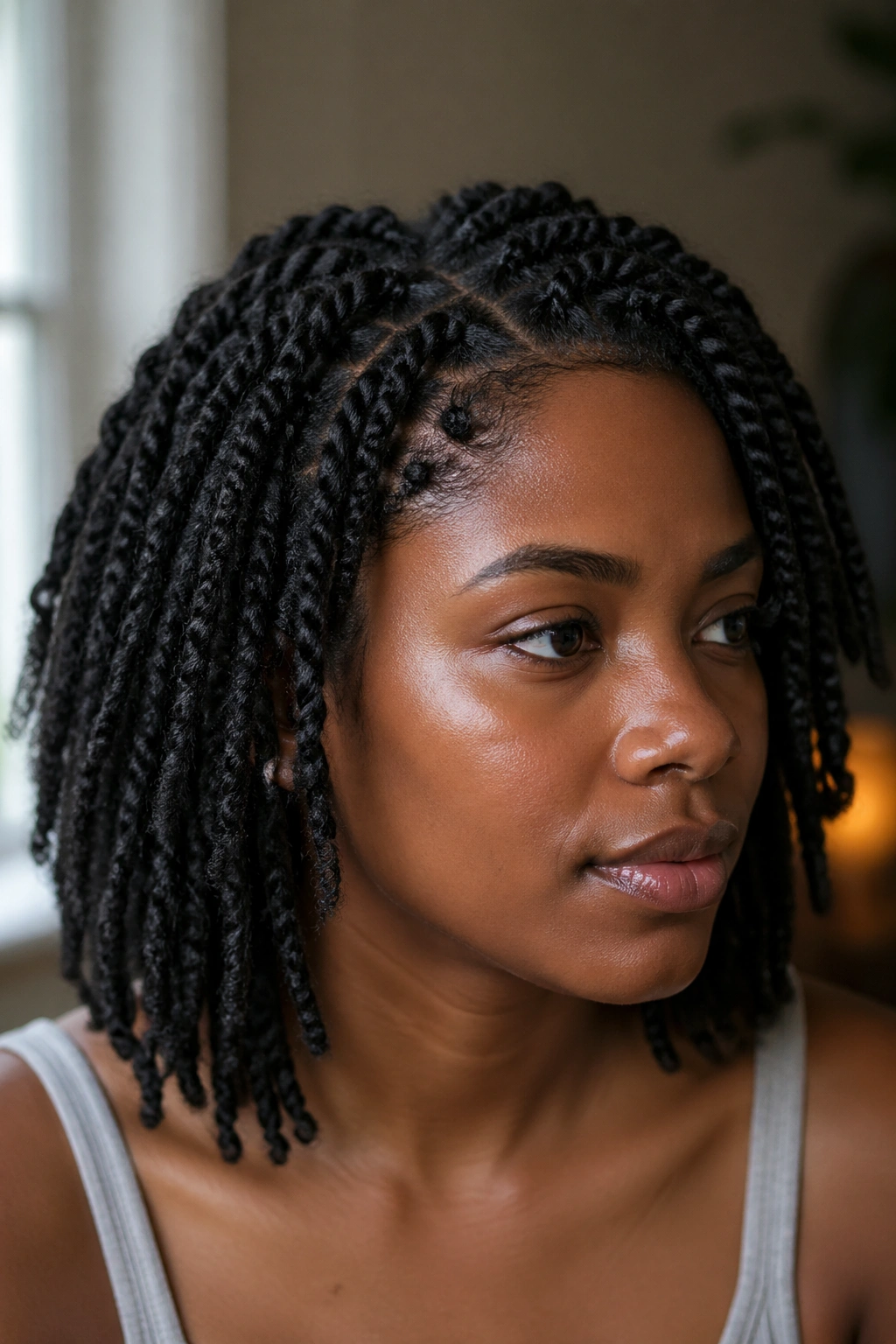 Portrait of Type 4 hair with perm twists blending into roots
