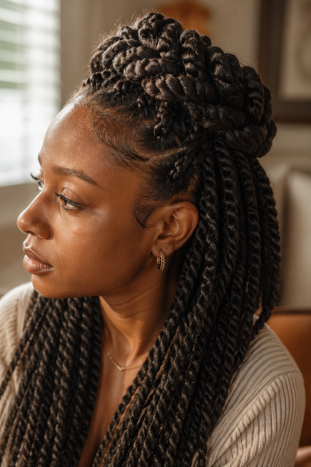 Close-up of perm twists formed into a braided crown on a real person