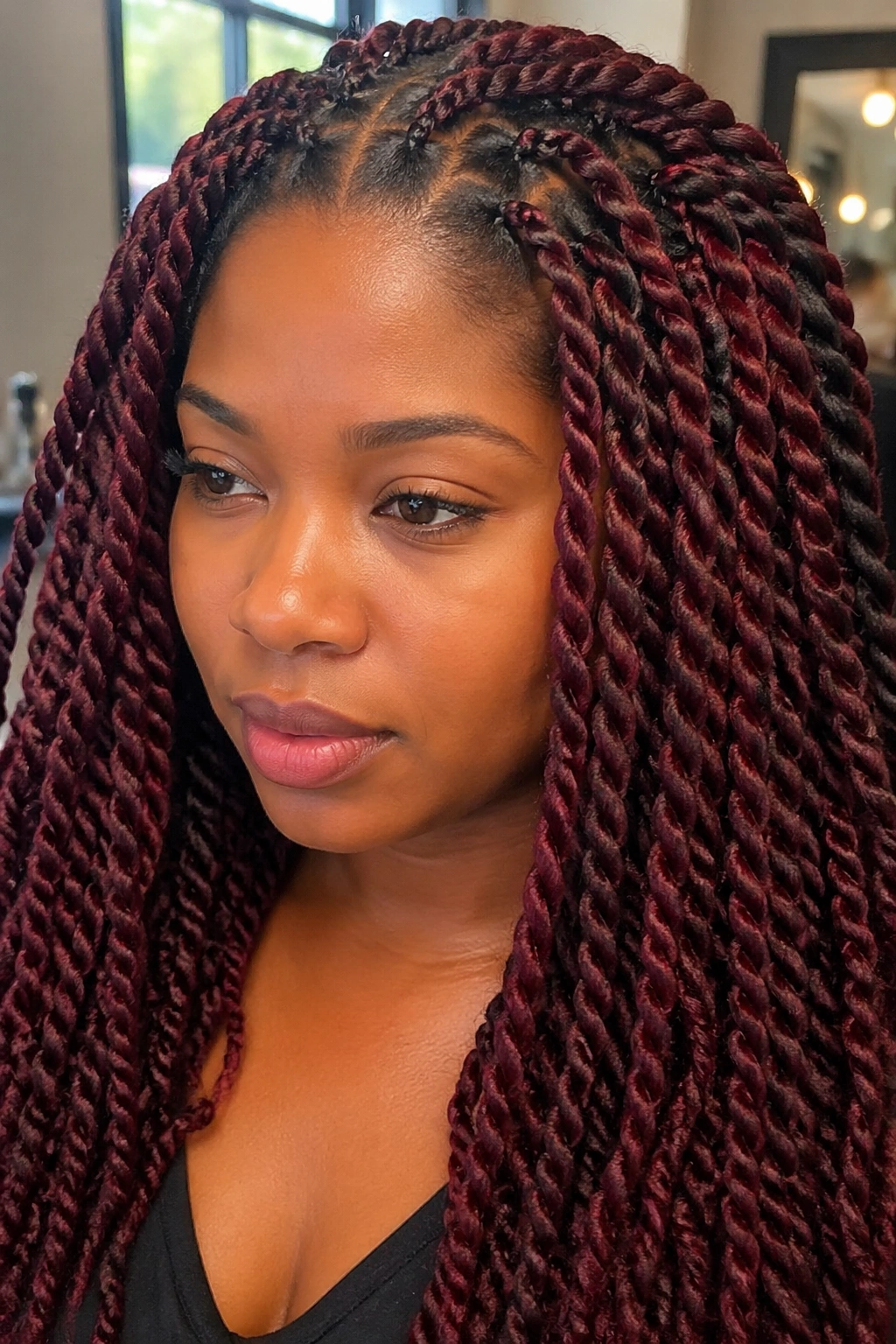 Close-up portrait of a real woman with burgundy color-extended perm twists in a salon setting