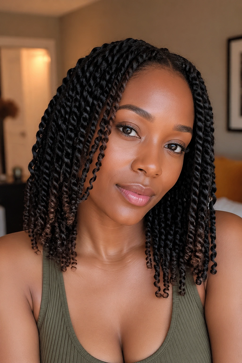 Close-up portrait of a real woman with perm twists featuring curly ends