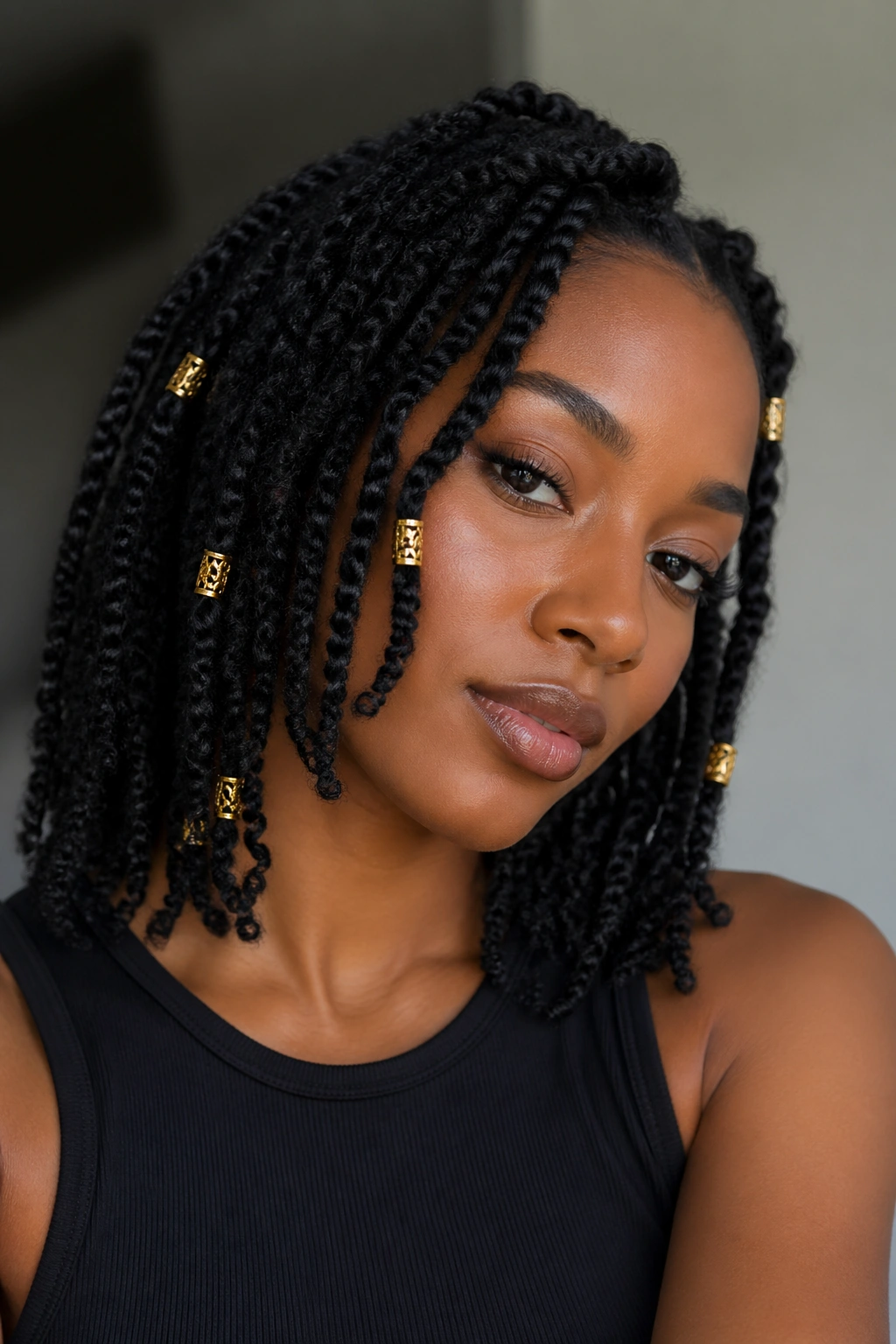 Close-up of perm twists with gold cuffs on a real person