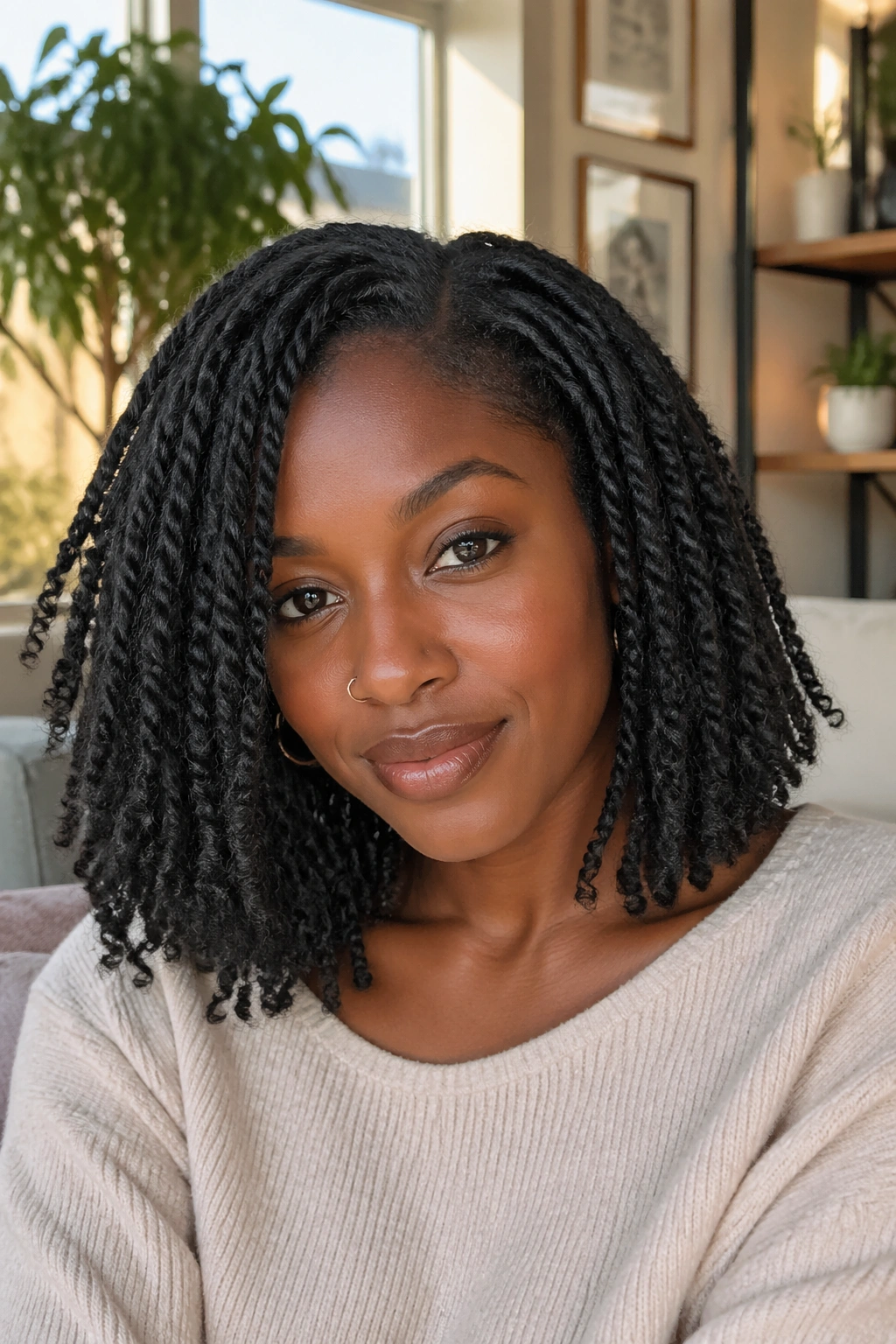 Close-up of shoulder-length perm twists on a real person