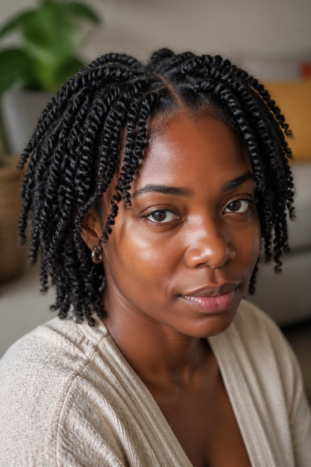 Portrait of person with perm twists showing wear duration