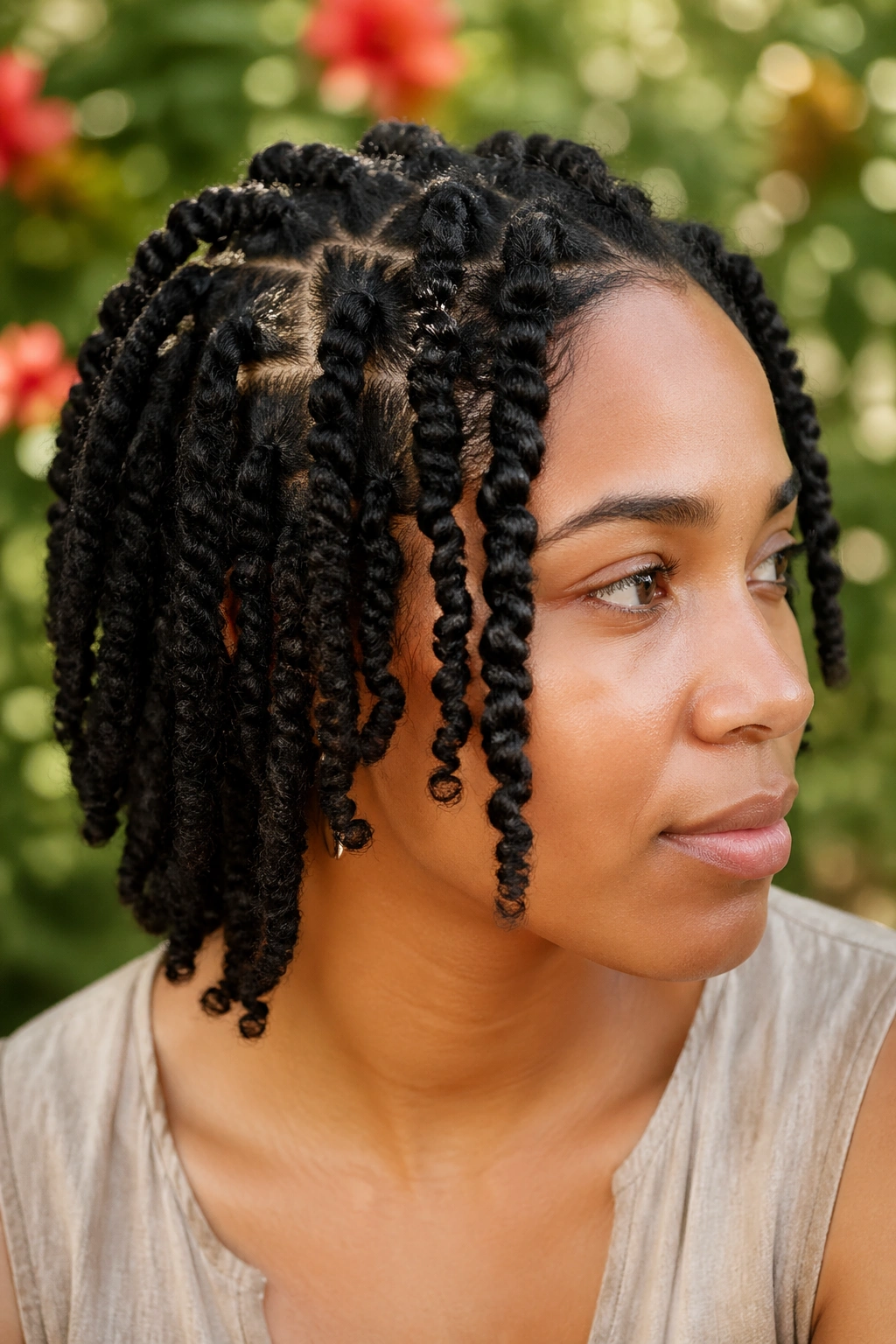 Close-up of a real woman's perm twists texture