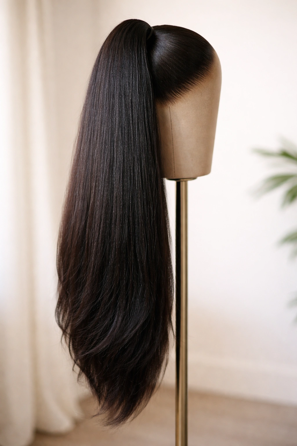 Perm-Yaki textured ponytail extension with smooth relaxed look