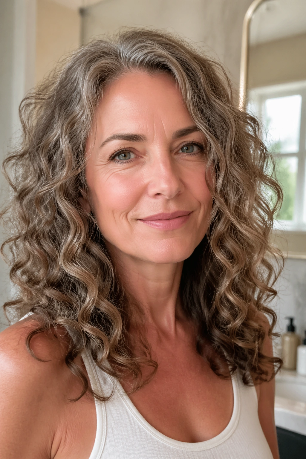 Portrait of a real woman with perm-inspired waves and soft finish