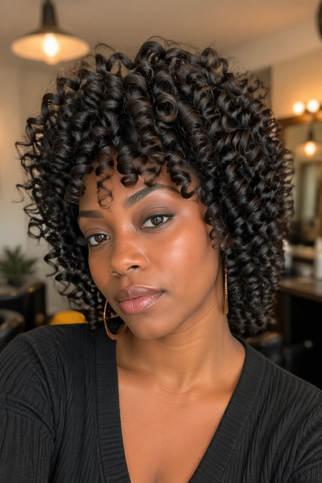 Close-up of a real woman with perm rod curls and rounded crown volume