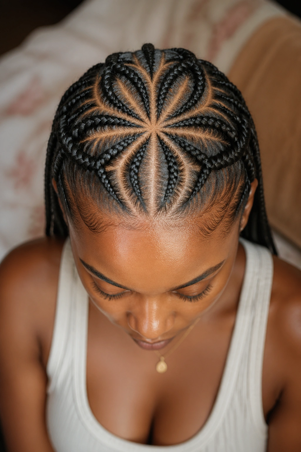 Close-up of petal-shaped cornrows at crown on real woman under natural light