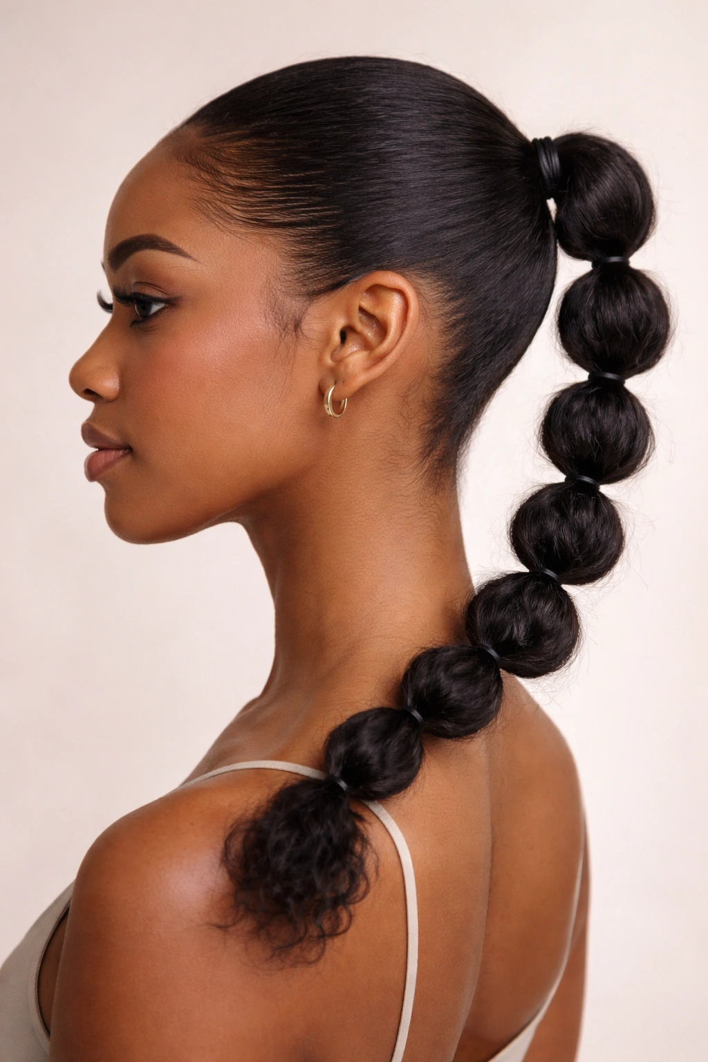 Close-up of petite bubble ponytail with small evenly spaced bubbles on natural hair