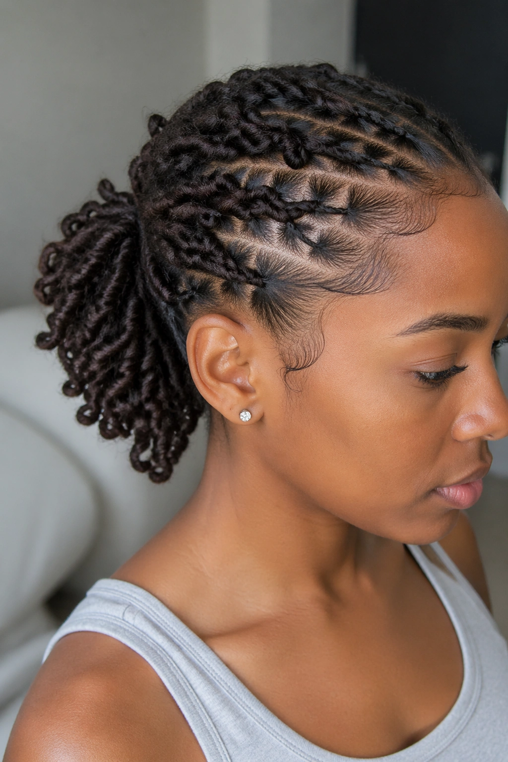 Close-up of a real woman with petite butterfly braid ponytail on locs