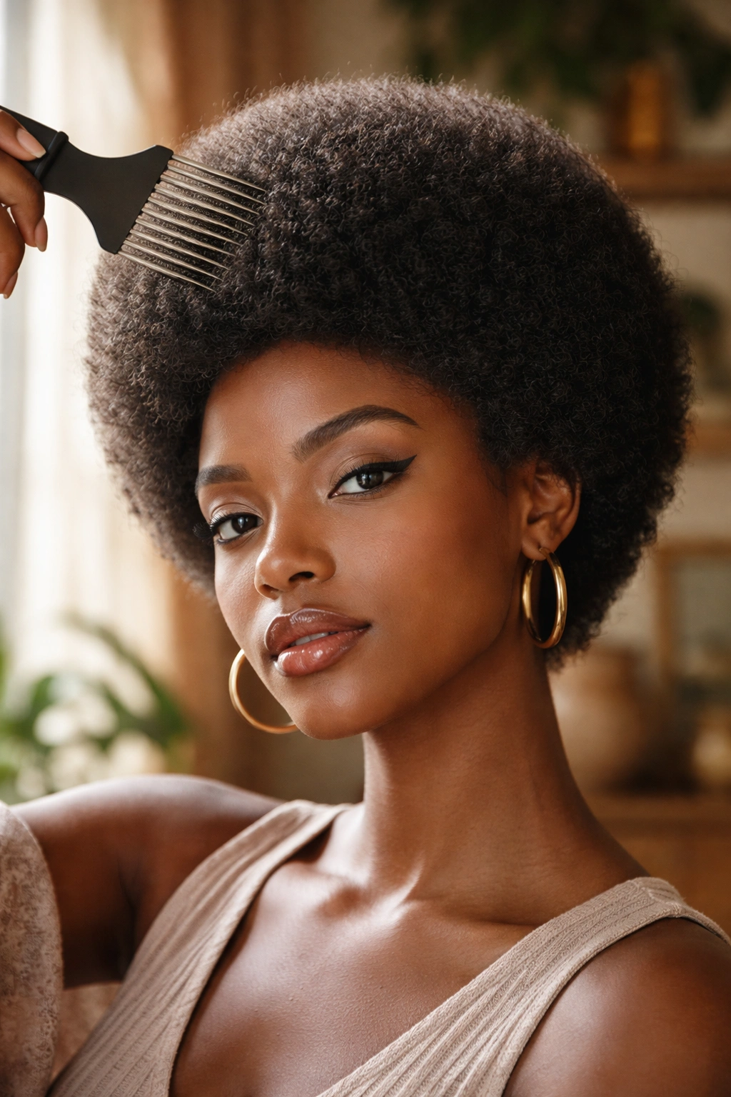 Close-up of a real woman with pick-fluffed retro small afro showing lifted, defined coils.