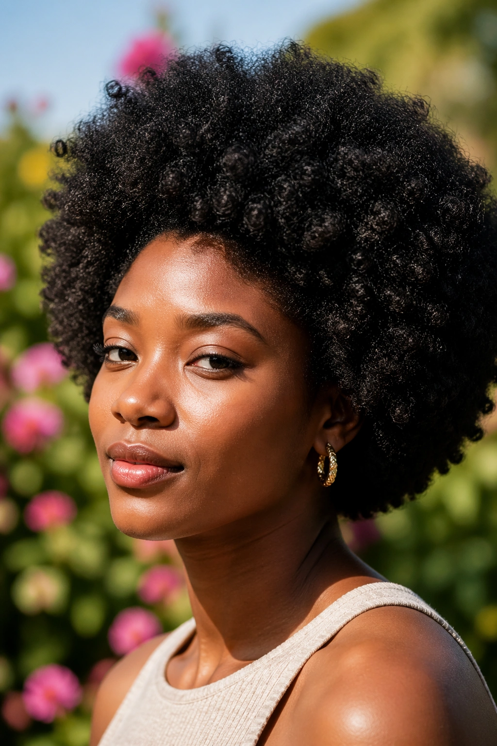 Close-up of a real person with a picked-out round Afro