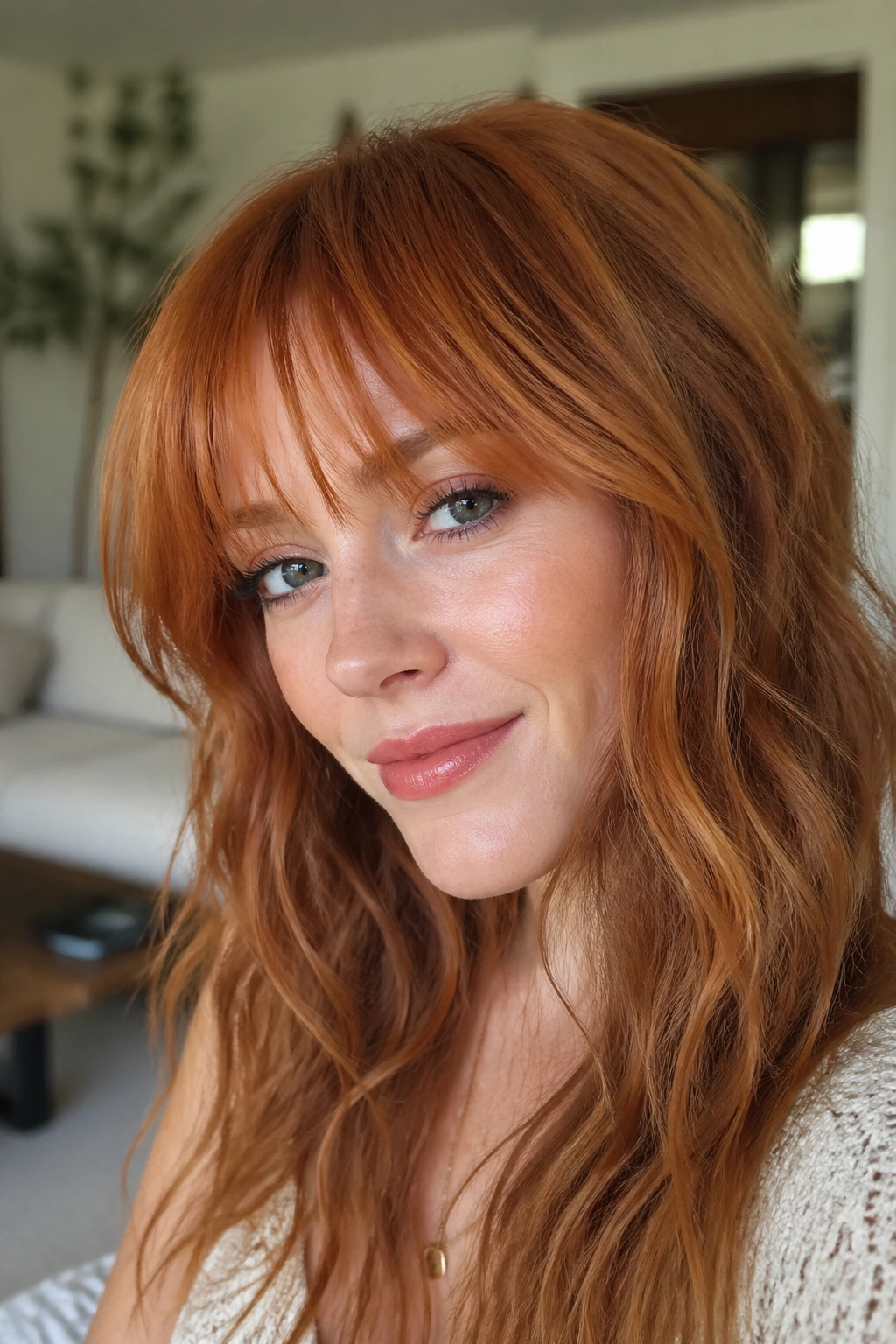 Close-up of a real person with piecey bangs on fine red wavy hair