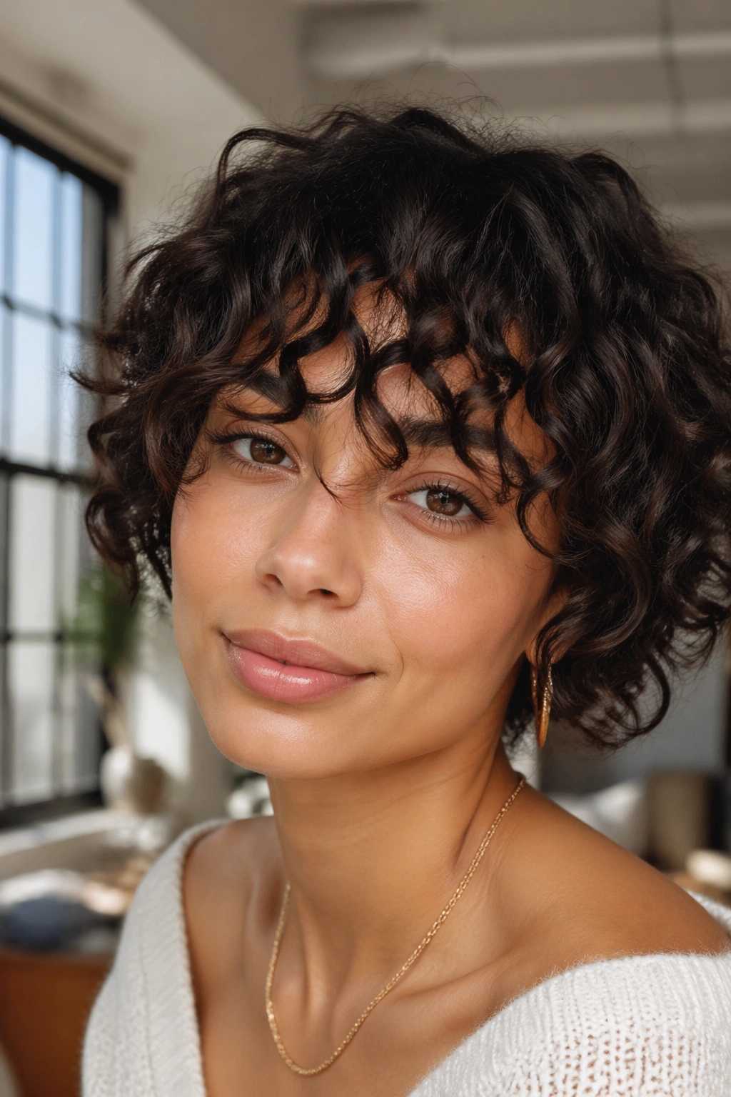 Real person with piecey texture bangs showing distinct separated curl segments.
